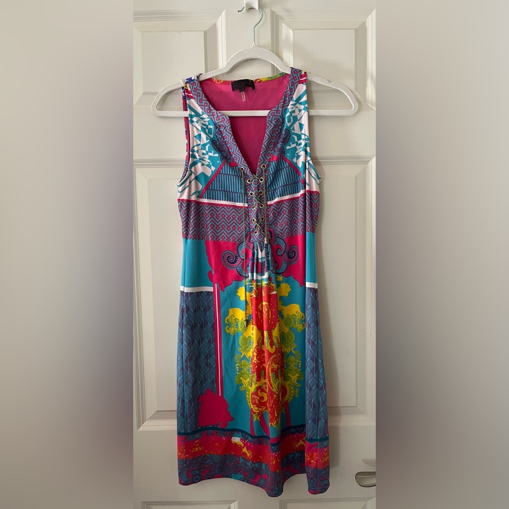 Hale Bob Tank Dress Size M Colorful Baroque Print Gold chain lace up chest XS